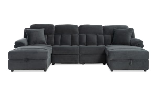 Dark gray fabric sectional sofa with plush cushions, two chaise lounges, and matching throw pillows, designed for modern living rooms.
