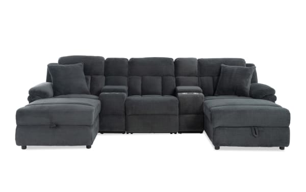 Dark gray fabric sectional sofa with plush cushions, two chaise lounges, cup holders, and padded armrests, designed for modern living rooms.