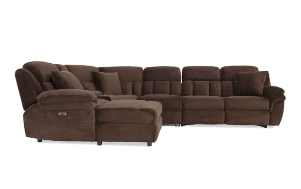 Brown fabric sectional sofa with plush cushions, reclining seats, and chaise lounge, designed for living room comfort and style.