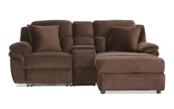 Brown microfiber sectional sofa with plush cushions, padded armrests, and a built-in center console, ideal for living room comfort.