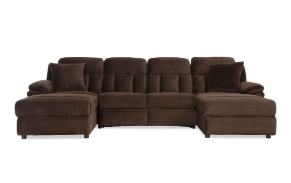 Playmaker Chocolate 133'' power reclining 3-piece dual chaise sectional in brown polyester fabric with USB/USB-C ports, hidden storage, and pull-out sleeper.