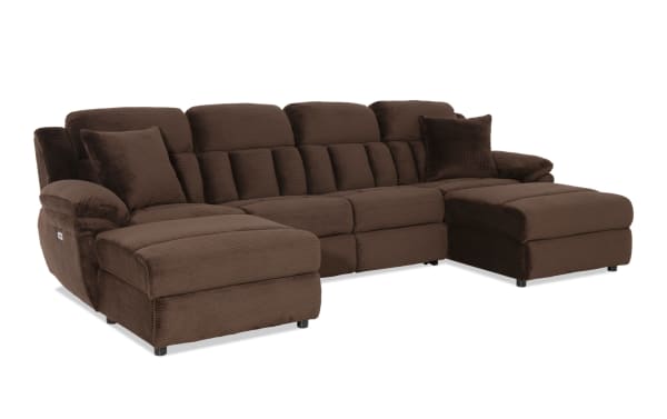 Playmaker Chocolate 133'' power reclining 3-piece dual chaise sectional in brown polyester fabric with USB/USB-C ports, pop-up sleeper, and accent pillows.