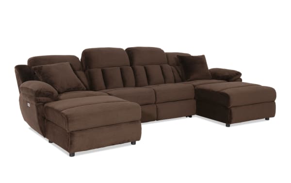Playmaker Chocolate 133'' power reclining 3-piece dual chaise sectional in brown polyester fabric, transitional style with USB/USB-C ports, pop-up sleeper, accent pillows, and hidden chaise storage.