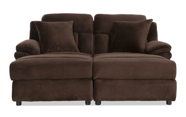 Playmaker Chocolate 79'' power reclining dual chaise sofa in brown polyester fabric with accent pillows, USB/USB-C ports, and hidden storage.