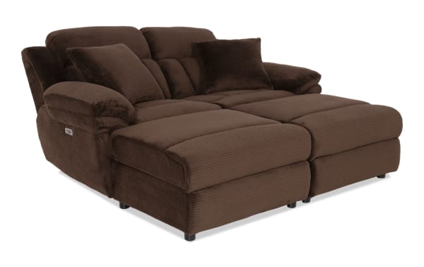 Playmaker Chocolate 79'' power reclining dual chaise sofa in brown polyester fabric with USB/USB-C ports, accent pillows, and hidden storage.