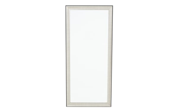 Full-length rectangular wall mirror with a beige ribbed frame and a thin dark outer edge, ideal for home or office decor.