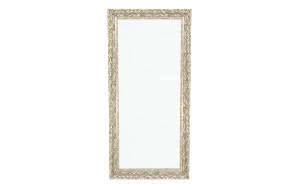 Full-length rectangular wall mirror with an ornate vintage-style beige frame featuring intricate floral patterns, ideal for home decor.