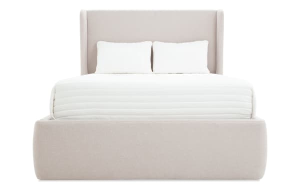 Contemporary Dawson Queen Beige Upholstered Storage Platform Bed with linen fabric, roll-out drawers, and built-in USB/USB-C ports on headboard.