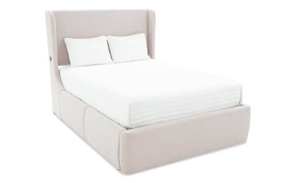Dawson Queen Beige Upholstered Storage Platform Bed with linen fabric, contemporary style, roll-out drawers, and built-in USB/USB-C ports.