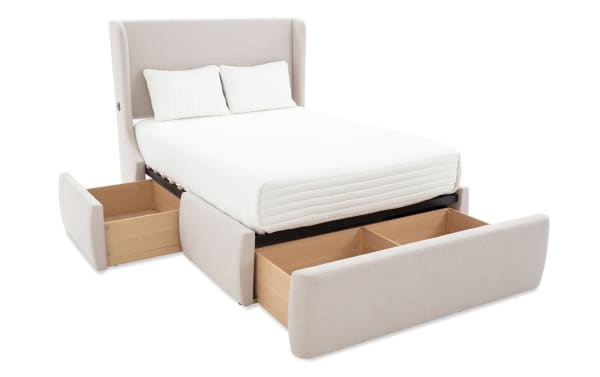 Contemporary Dawson Queen beige upholstered storage platform bed with linen fabric, featuring roll-out wooden drawers on sides and footboard for extra storage.