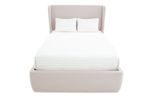 Contemporary Dawson Queen beige upholstered storage platform bed with linen fabric, roll-out drawers, and built-in USB/USB-C ports on headboard.