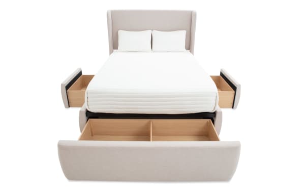 Dawson Queen beige upholstered storage platform bed with linen fabric, contemporary style, featuring side and footboard drawers and built-in USB/USB-C ports.