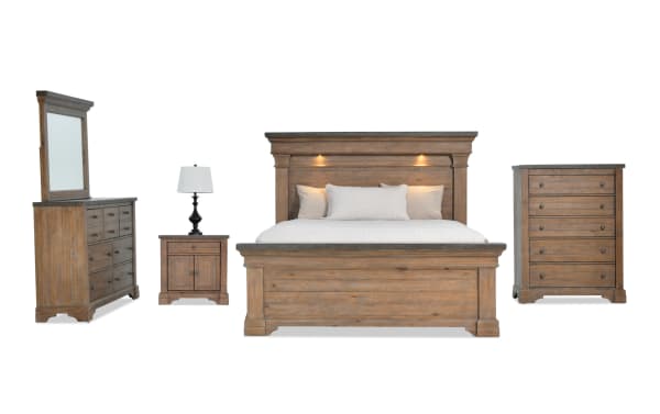 Beaumont 5 Piece Queen Brown & Gray Platform Storage Bedroom Set with pine solids, built-in LED headboard lights, USB ports, nightstand, dresser, and chest in transitional style.