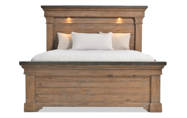 Beaumont 5 Piece Queen Brown & Gray Platform Bed with pine solids, transitional style, LED headboard lights, and built-in storage drawers.