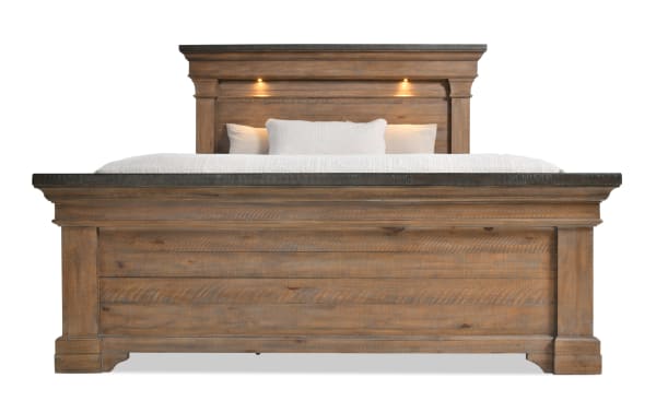 Beaumont 5 Piece Queen Brown & Gray Platform Bed with pine wood frame, transitional style, built-in LED headboard lights, and storage footboard.