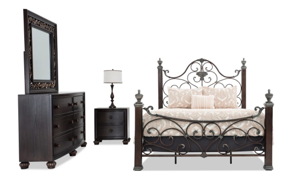 Regency 4 Piece Queen Bedroom Set with cherry-finished hardwood and brown metal panel bed, ornate scroll mirror, nightstand with charging ports, and traditional style.