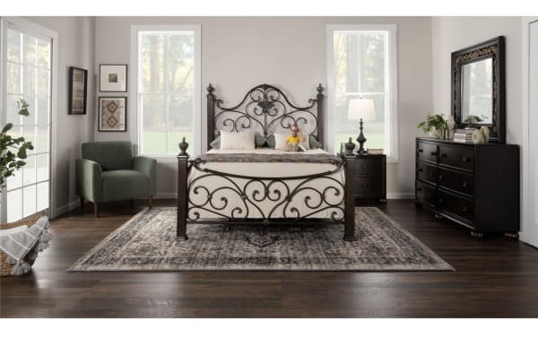 Traditional Regency 4 Piece Queen Bedroom Set with cherry-finished hardwood, brown metal scroll bed, hand-painted scroll mirror, and nightstand with charging ports.