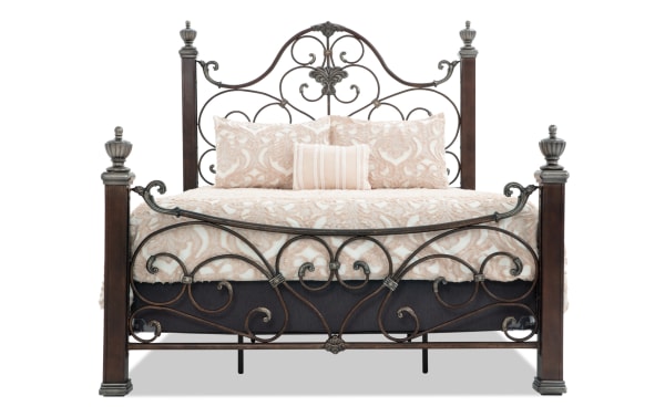 Regency 4 Piece Queen Bedroom Set with cherry wood posts, brown hand-painted metal scrollwork, and traditional style steel and oak veneer frame.