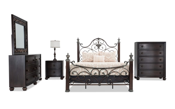 Regency 5 Piece Queen Bedroom Set with cherry wood and brown metal panel bed, traditional style, includes hand-painted scroll mirror, nightstand with charging ports, dresser, and chest, crafted from steel, hardwood solids, oak veneers, MDF, and mirror.