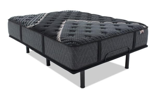 Power Bob Essential Base with Lush 13'' Twin Firm Mattress in dark gray, featuring layered cooling gel memory foam, firm support, and adjustable black metal frame with remote control.