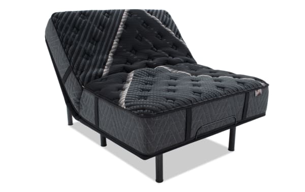 Power Bob Essential Base with Lush 13'' Twin Firm Mattress in dark gray, featuring adjustable base with head lift, plush tufted quilted top, and layered cooling gel memory foam for back and belly sleepers.