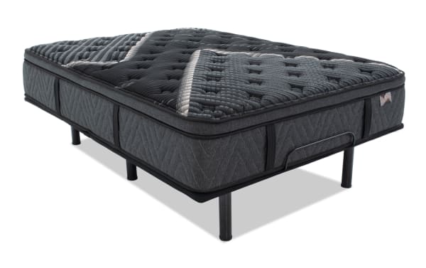 Power Bob Essential Base with Lush 13.5'' Queen Ultra Plush Mattress in dark gray, featuring quilted pillow top, cooling cover, and adjustable base with wired remote.