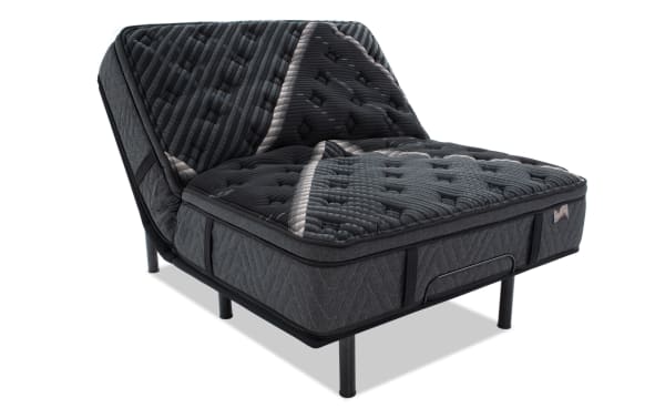 Power Bob Essential Base with Lush 13.5" Queen Ultra Plush Mattress in black and gray, featuring layered cooling cover, gel memory foam, pillow top, and adjustable base with wired remote.