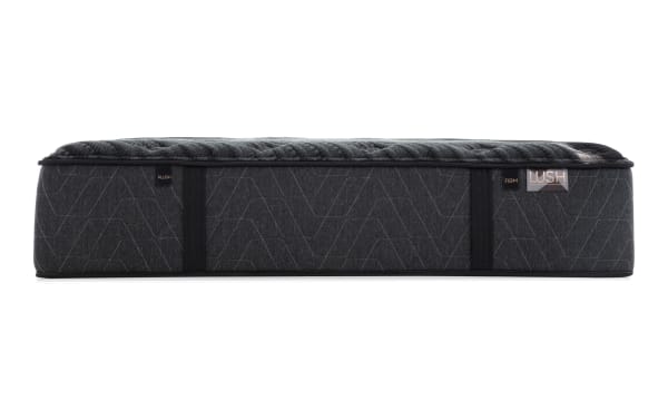 Power Bob Essential Base in black with quilted fabric and Lush 13'' Queen Dual Mattress, featuring temperature-regulating cooling cover and supportive layers.