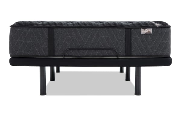 Power Bob Ultra Base with Lush 13'' Twin XL Firm Mattress in dark gray fabric, featuring quilted top, firm support layers, and adjustable base with black metal legs.