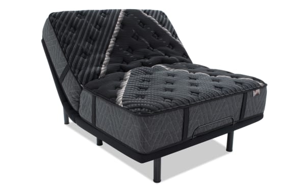 Power Bob Ultra Base with Lush 13'' King Firm Mattress in dark gray and black, featuring adjustable base with massage, Bluetooth speakers, USB ports, and motion-activated lighting for customizable comfort and support.
