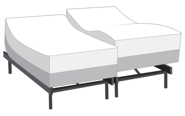 Power Bob Ultra Base with Lush 13'' Split King Plush Mattress set, featuring adjustable split mattress with white cooling cover, gray foam layers, and black metal frame with massage, Bluetooth, USB ports, and under-bed lighting for customizable comfort and support.