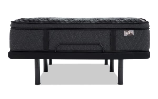 Power Bob Ultra Base with Lush 13.5'' Queen Ultra Plush Mattress in black, featuring quilted pillow top, adjustable base with massager, Bluetooth speakers, USB ports, and under-bed lighting.
