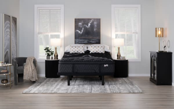 Queen-sized Power Bob Ultra Base with Lush 13.5" Ultra Plush Mattress in black, featuring adjustable base with massager, Bluetooth speakers, USB ports, and plush pillow top layer for side sleepers. Modern bedroom setup with black nightstands, lamps, and gray rug.