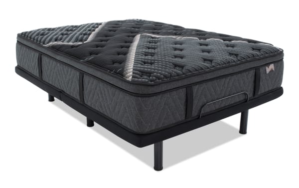 Power Bob Ultra Base with Lush 13.5'' Queen Ultra Plush Mattress in dark gray, featuring quilted pillow top, adjustable base with massager, Bluetooth speakers, USB ports, and under-bed lighting for customizable comfort and support.