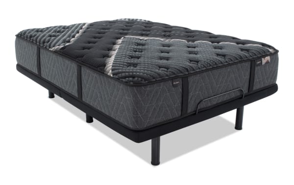 Queen-size Power Bob Ultra Base with Lush 13" Dual Mattress in dark gray, featuring layered cooling cover, memory foam, and wrapped coil system for pressure relief and support. Ultra base includes adjustable head/foot, massage, Bluetooth speakers, USB ports, and under-bed lighting for customizable comfort.