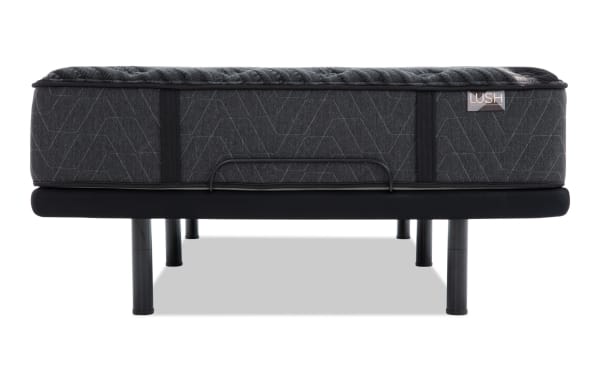 Power Bob Elite Base with Lush 13'' King Firm Mattress in dark gray, featuring quilted cooling cover, sturdy adjustable black base with legs, and Lush brand label.