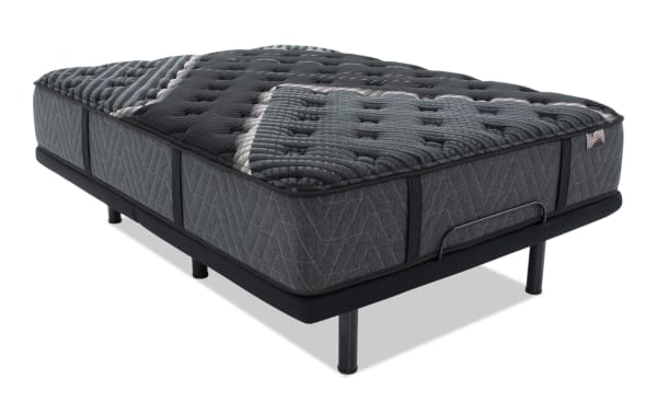 King-size Power Bob Elite Base with Lush 13'' Firm Mattress in dark gray, featuring quilted cooling cover, layered foam, and adjustable base with USB ports and LED lighting.