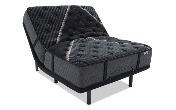 Power Bob Elite Base with Lush 13'' King Firm Mattress in dark gray tones, featuring tufted quilted top, adjustable base with wireless remote, USB ports, and LED underbed lighting for customizable comfort and tech convenience.