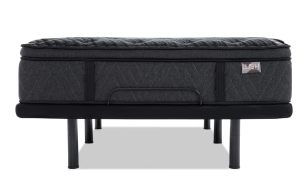 Power Bob Elite Base with Lush 13.5" Queen Ultra Plush Mattress in dark gray, featuring quilted pillow top, breathable cooling cover, and sturdy adjustable black base with legs and side handle.
