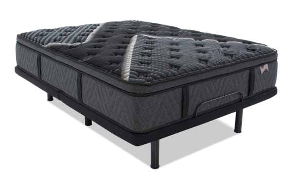 Queen-sized Power Bob Elite Base with Lush 13.5" Ultra Plush Mattress in dark gray, featuring quilted pillow top, cooling cover, and adjustable base with USB ports and LED lighting.