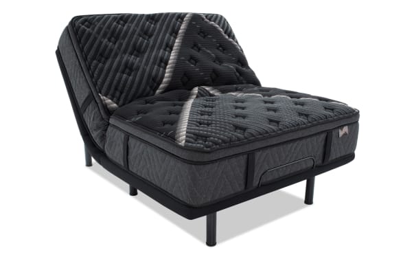 Power Bob Elite Base with Lush 13.5'' Queen Ultra Plush Mattress in dark gray, featuring adjustable head and foot positions, USB ports, LED underbed lighting, and plush layered foam for side sleepers.
