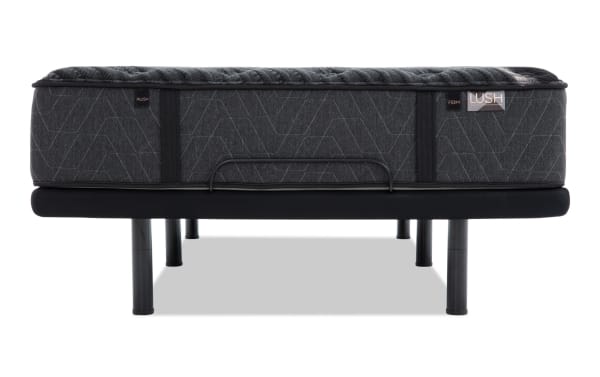 Power Bob Elite Base with Lush 13'' Queen Dual Mattress in black, featuring adjustable base with USB ports, wireless remote, LED lighting, and cooling layered mattress.