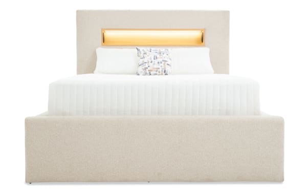 Contemporary Playday Full Beige Upholstered Storage Platform Bed with polyester fabric, padded headboard, built-in bookshelf, LED lighting, and footboard storage drawer.