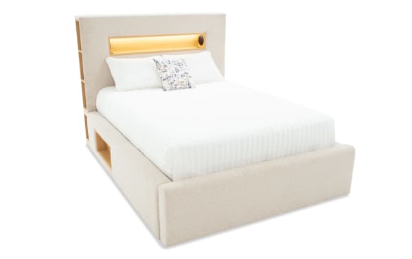Contemporary Playday Full Beige Upholstered Storage Platform Bed with polyester fabric, built-in bookshelf, padded headboard with LED lighting and Bluetooth speakers, and footboard storage drawer.