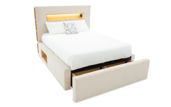 Playday Full Beige Upholstered Storage Platform Bed in contemporary style with polyester fabric, built-in bookshelf, LED lighting, Bluetooth speakers, and foot storage drawer.