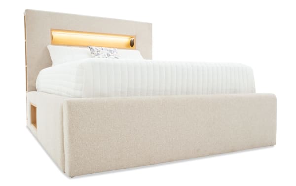 Playday Full Beige Upholstered Storage Platform Bed in contemporary style, featuring beige polyester fabric, padded headboard with LED light and Bluetooth speakers, built-in bookshelf, and footboard storage drawer.