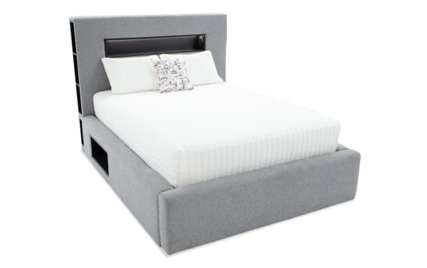 Playday Queen Gray Upholstered Storage Platform Bed with gray polyester fabric, padded headboard, built-in bookshelf, LED lighting, Bluetooth speakers, and footboard storage drawer in contemporary style.