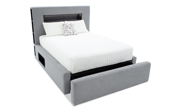 Playday Queen Gray Upholstered Storage Platform Bed in contemporary gray polyester fabric with built-in bookshelf, padded headboard, LED lighting, Bluetooth speakers, and footboard storage drawer.