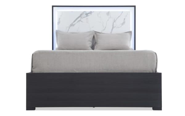 Milan Queen Gray & White Panel Bed from Milan Bedroom collection, featuring contemporary MDF frame, faux marble headboard with LED lighting, and gray fabric bedding.