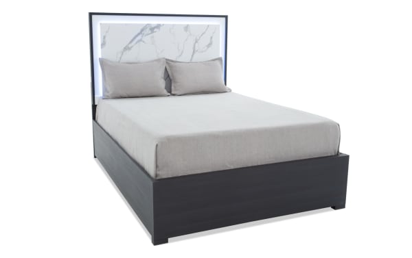 Milan Queen Gray & White Panel Bed from Milan Bedroom collection, contemporary MDF frame with faux marble headboard and LED lighting.